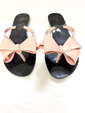 Melissa Bow Jelly Flip Flops Blush Pink Black Sandals Women Size 9